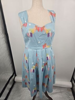 Collectif X Modcloth Light Blue Jill Rainbow Cats Swing Dress US14 NWT